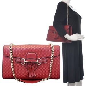 NEW GUCCI Emily Medium GG Guccissima Leather Chain Shoulder Bag Red